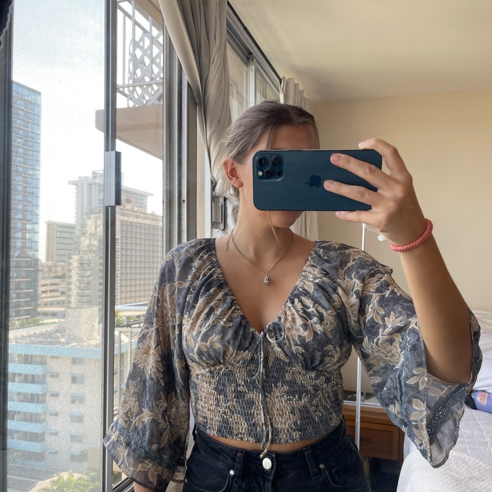 Floral Smocked Blouse - Blue and Cream
